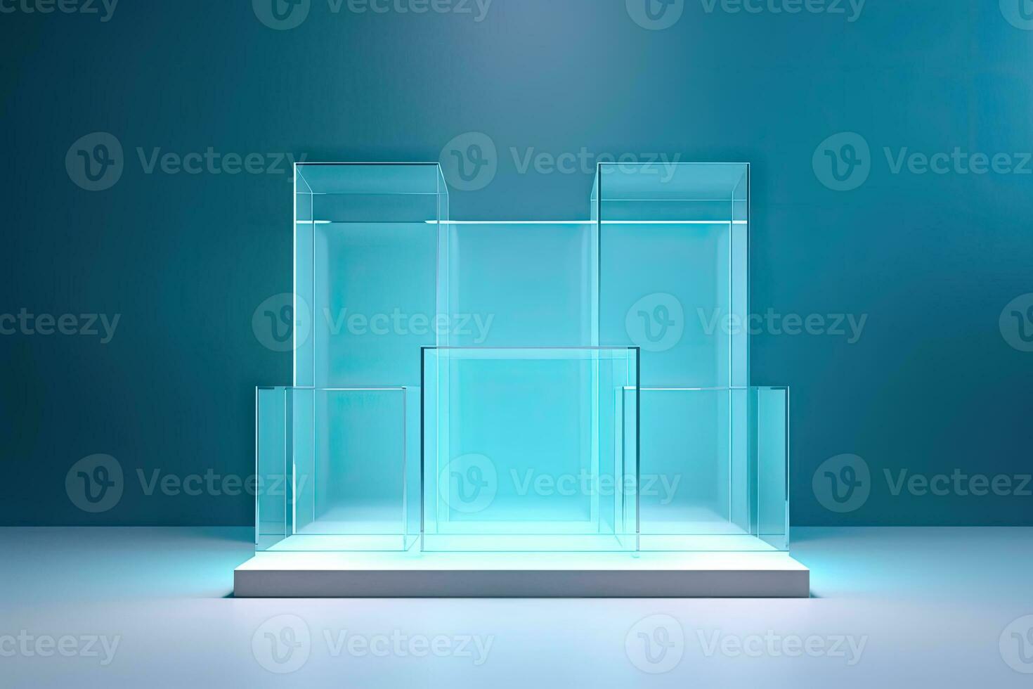 AI generated 3D rendering of a pedestal or podium illuminated with neon lights photo