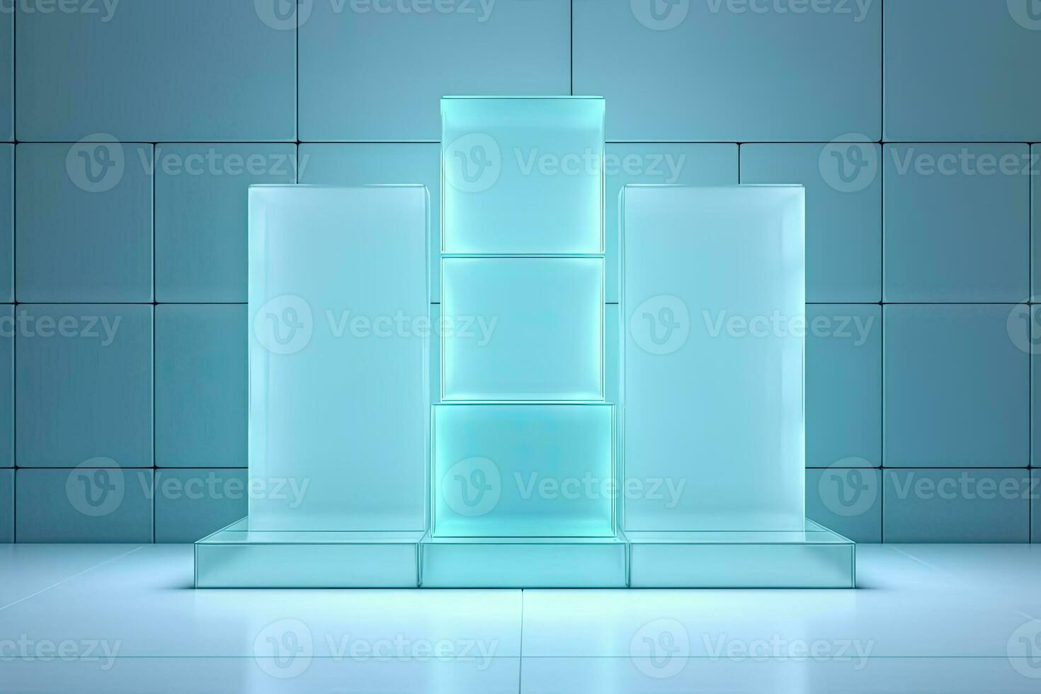 AI generated 3D rendering of a pedestal or podium illuminated with neon lights photo