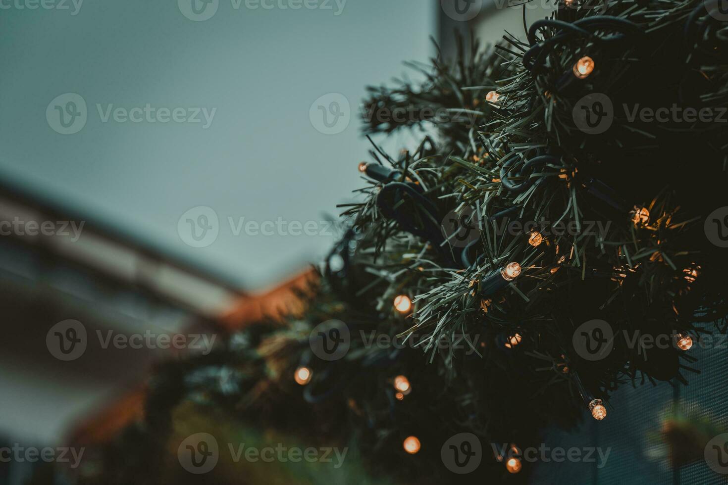 string of lights between artificial pine needles photo