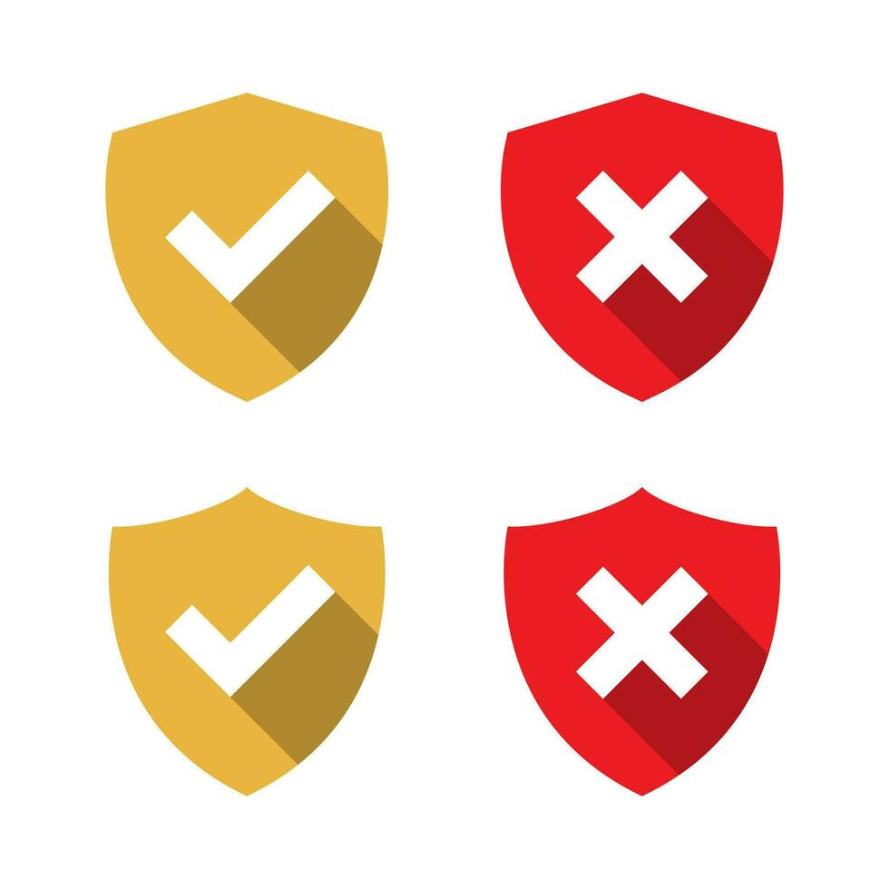 Shield checkmark and cross icon vector with long shadow
