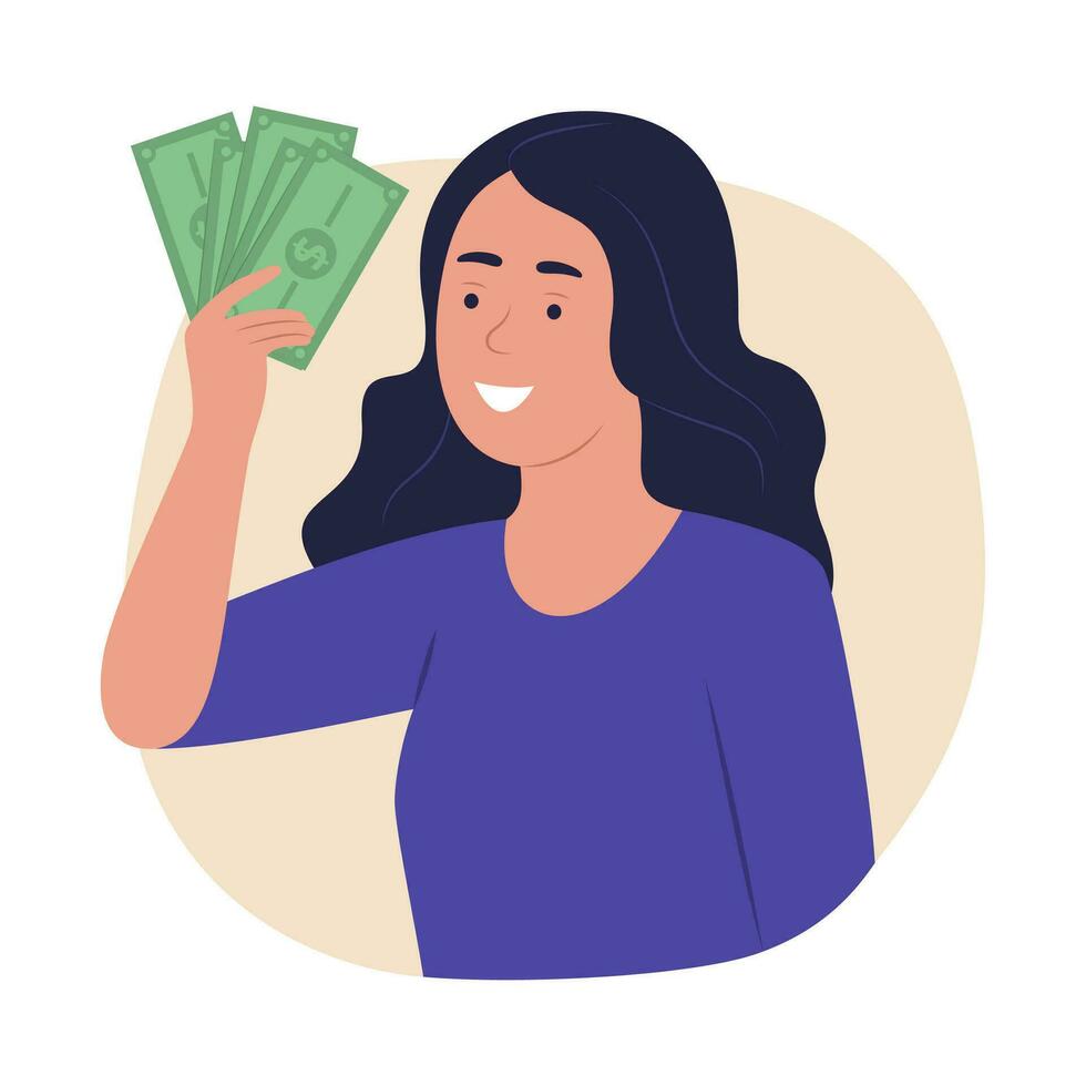 Smiling Woman Earning Cash Money Bonus for Financial Concept Illustration vector