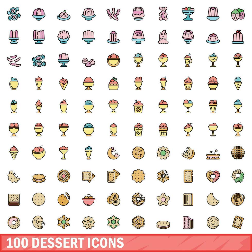 100 dessert icons set, color line style vector