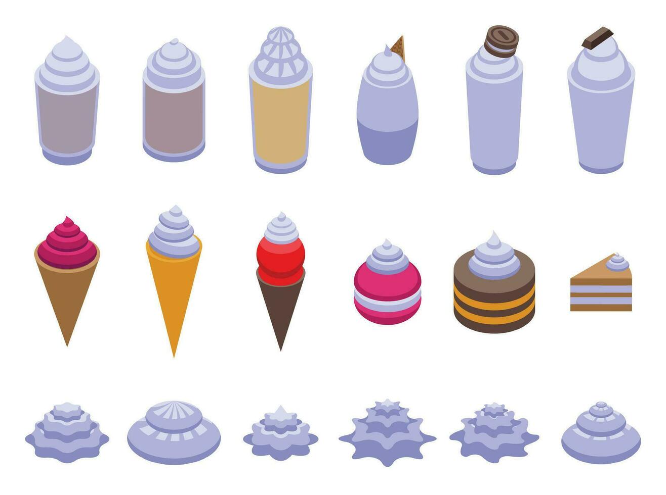 Ice vanilla foam icons set isometric vector. Cake cream vector