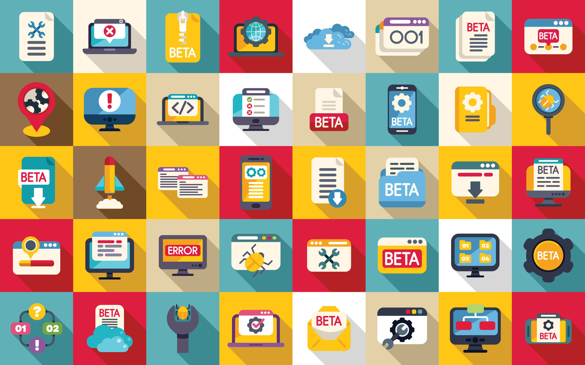 Beta version icons set flat vector. Build code bug 35141586 Vector Art ...
