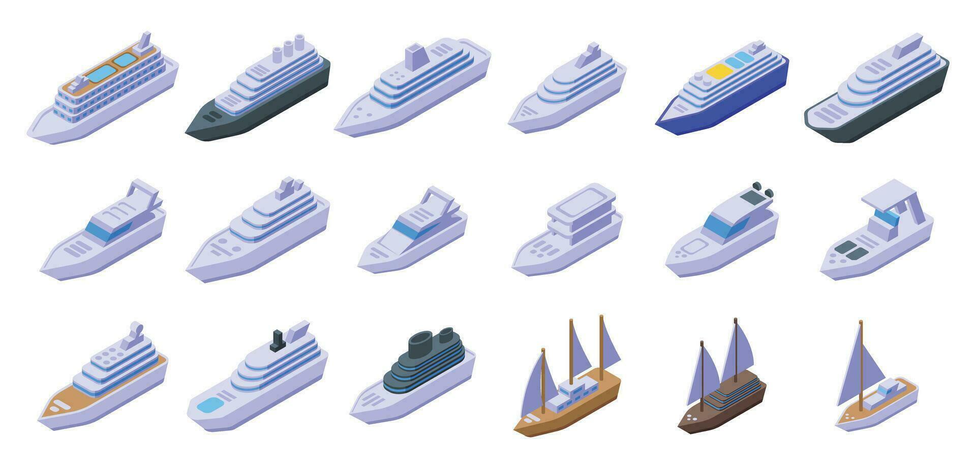 Luxury trip boat icons set isometric vector. Large cruise ship vector