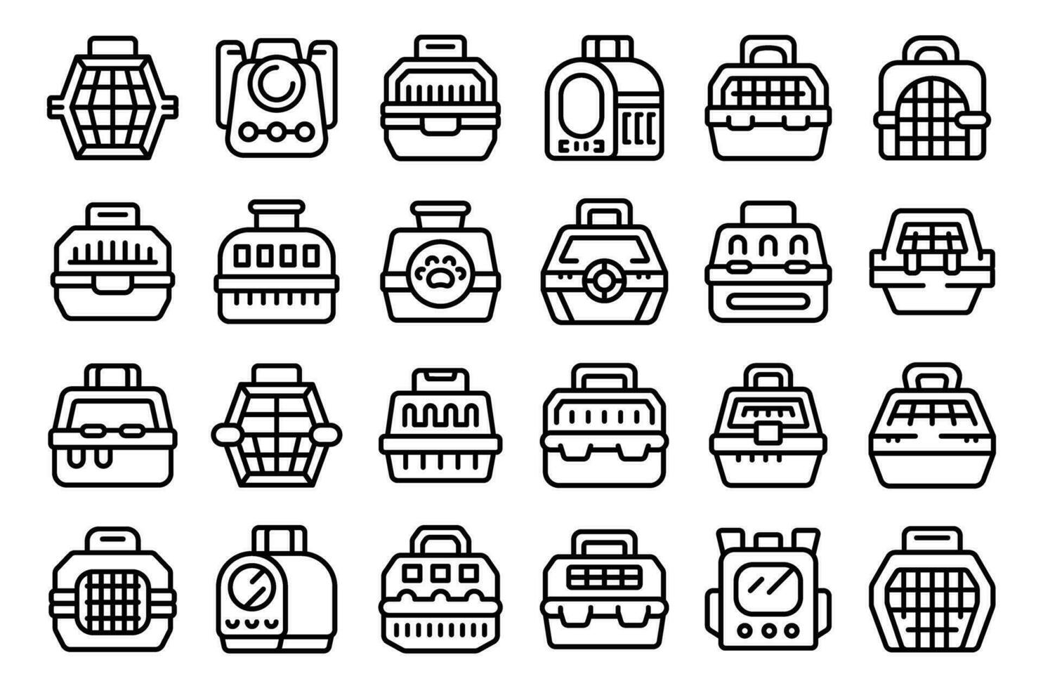 Pet carrier icons set outline vector. Travel cage box vector