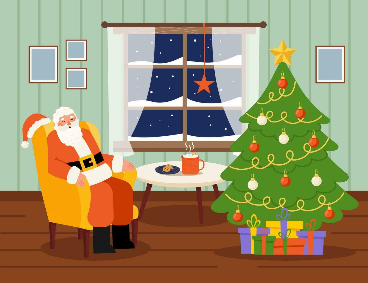 Christmas rustic living room interior with Christmas tree, Santa Claus, window vector
