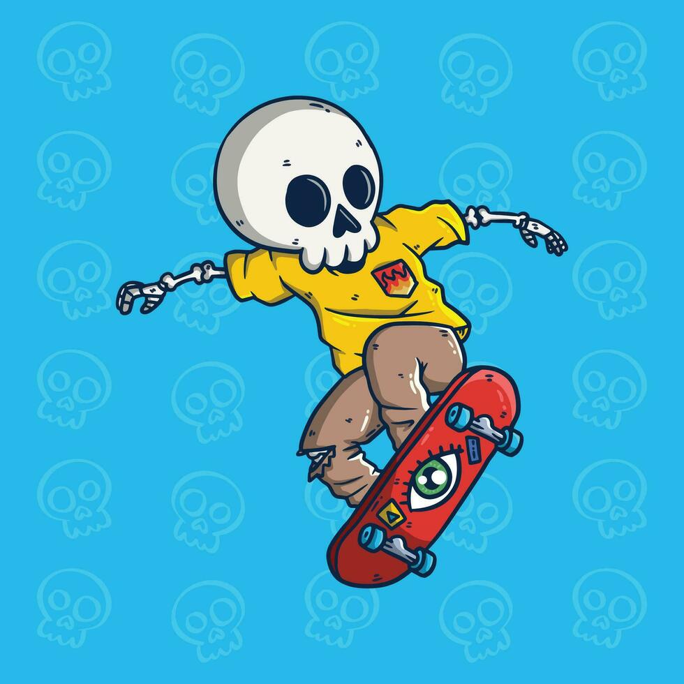 Cartoon vector illustration of Cute Skull skateboarding do the ollie trick. Skull mascot illustration.