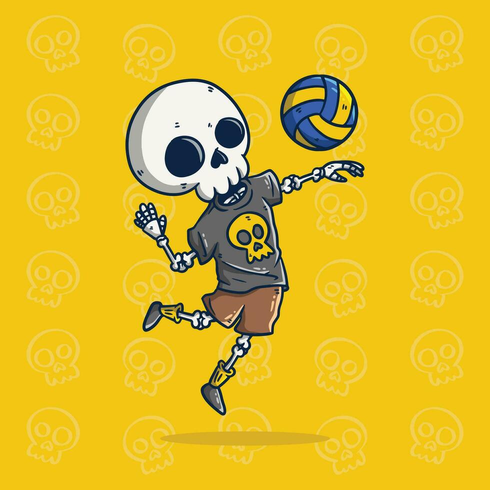 dibujos animados vector ilustración de linda cráneo jugando vóleibol. cráneo mascota ilustración.