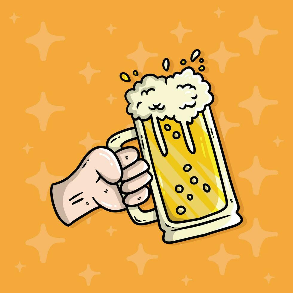 Cartoon vector illustration of hand holding glass of beer. New year eve vector illustration