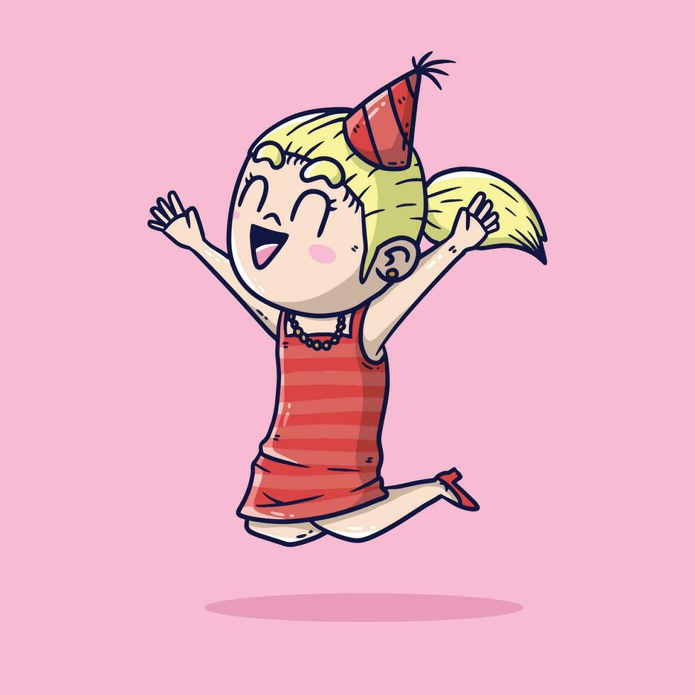 linda dibujos animados ilustración de contento niña saltando en nuevo año víspera fiesta. nuevo año víspera fiesta vector ilustración