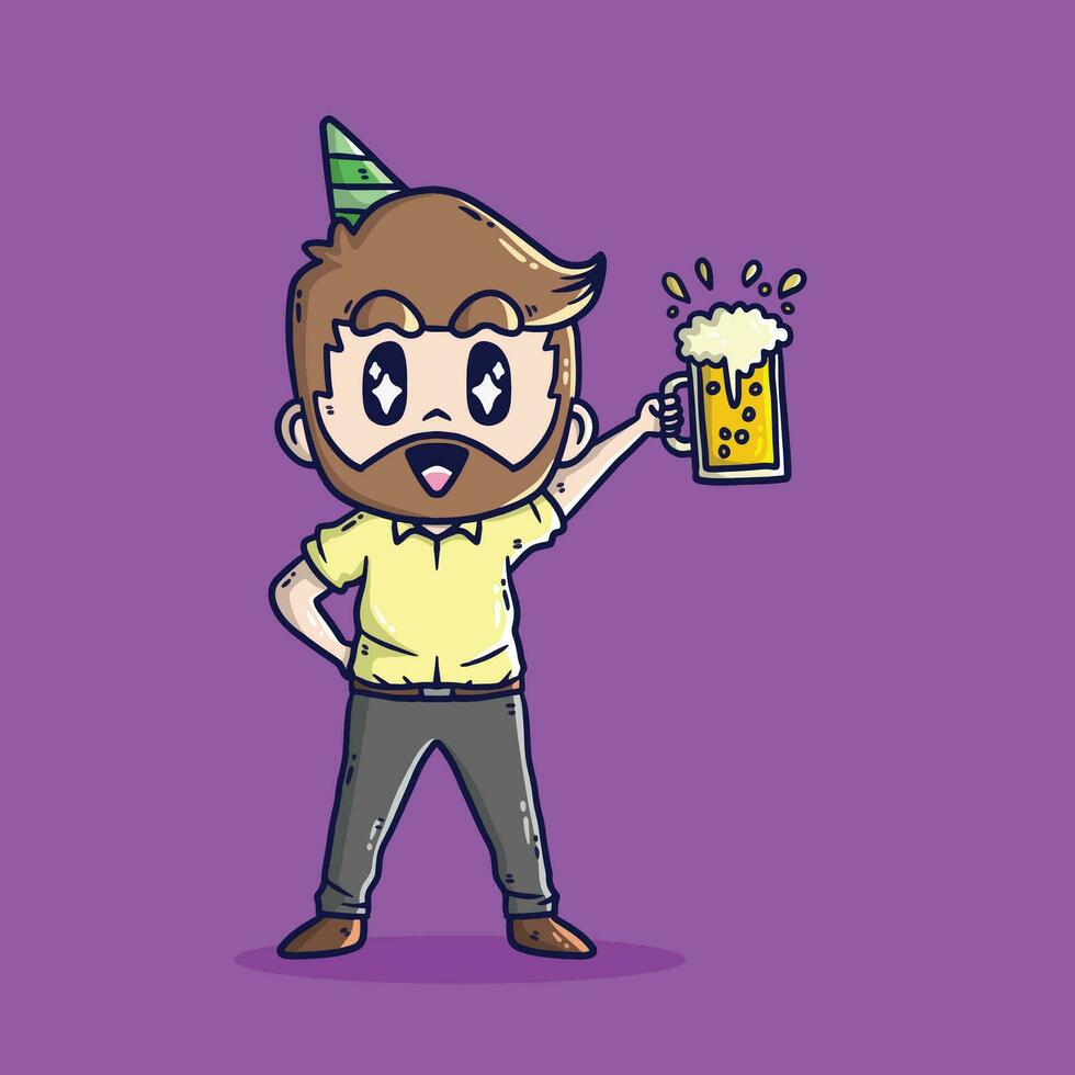 Cute cartoon illustration of Happy boy holding cold beer in New Year Eve Party. New Year Eve Party Vector Illustration.