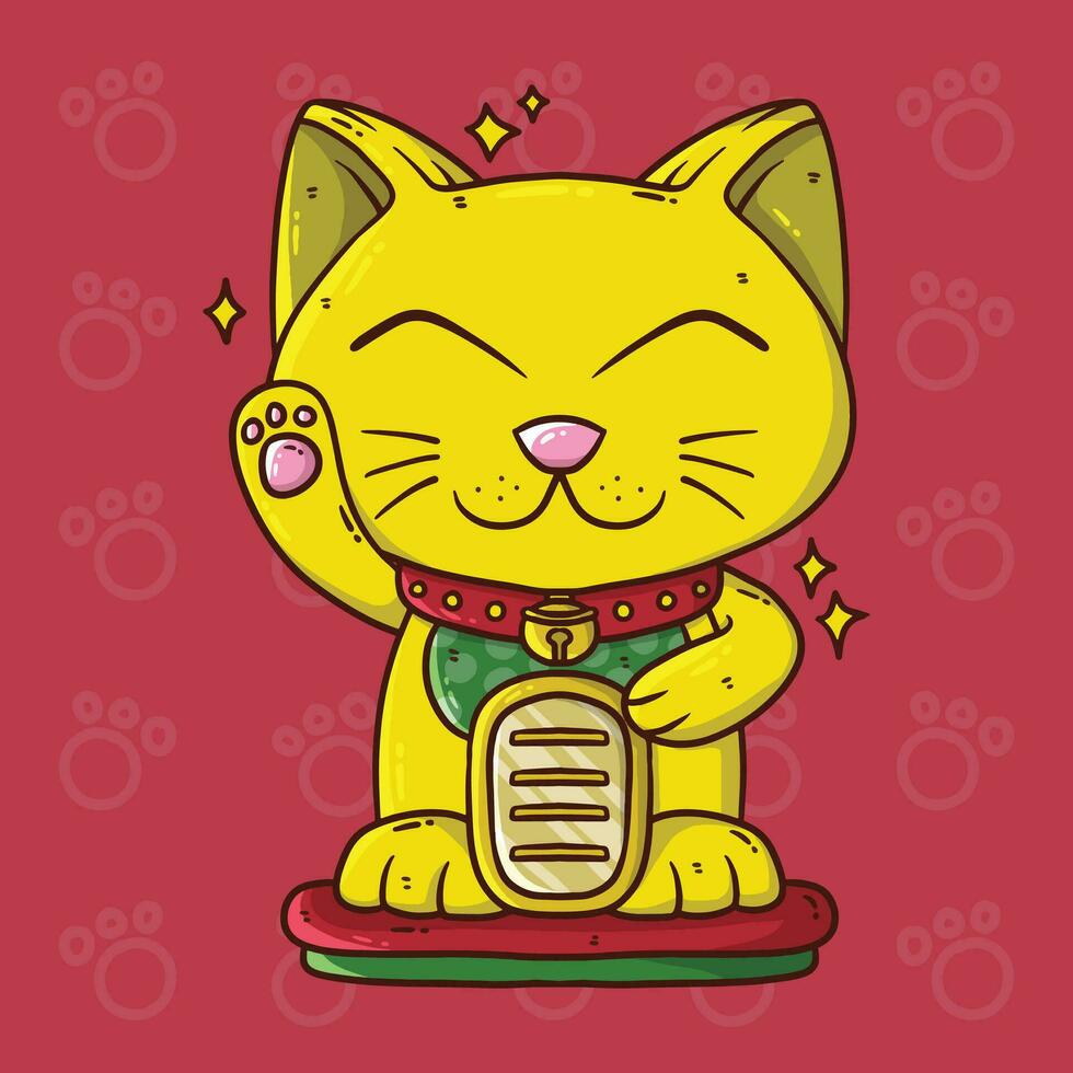 Cute Cartoon vector illustration of golden maneki neko cat. Vector illustration of white cat with a raised paw, holding golden coin,Japanese symbol of good luck, wealth and well-being