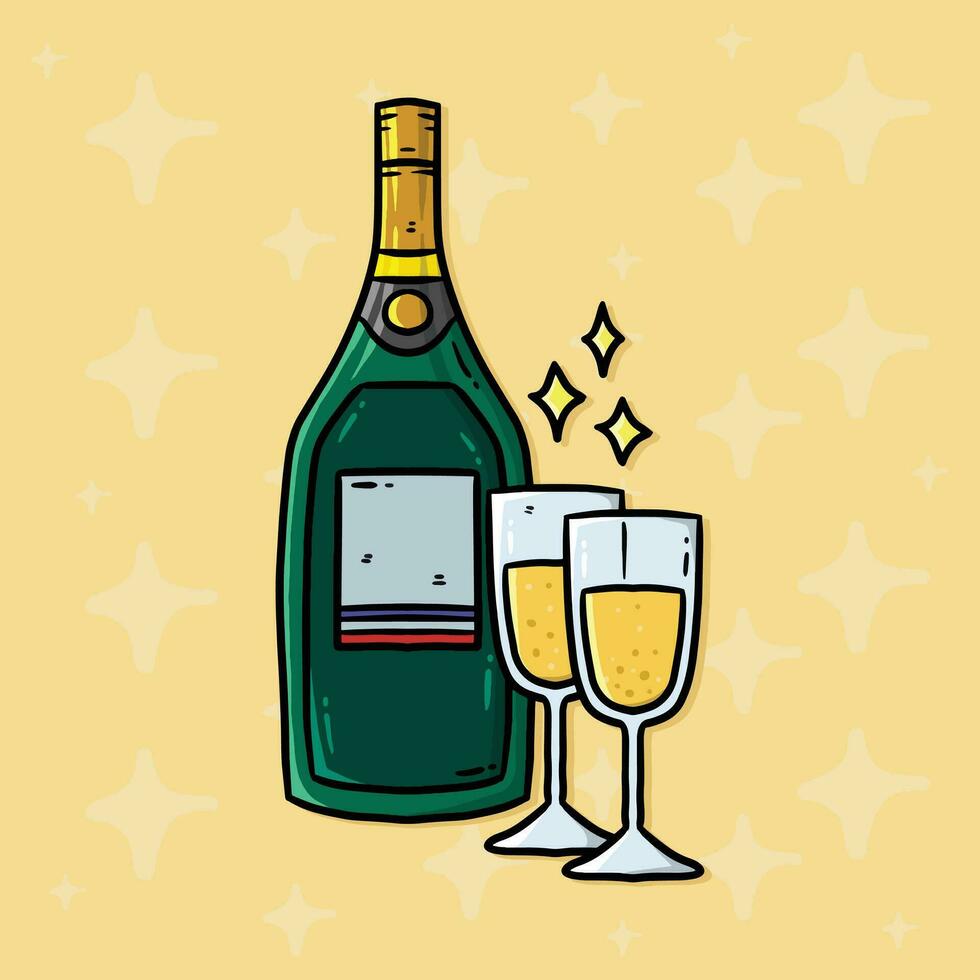 Cartoon vector illustration of Bootle and glass of champagne. New year's eve vector illustration