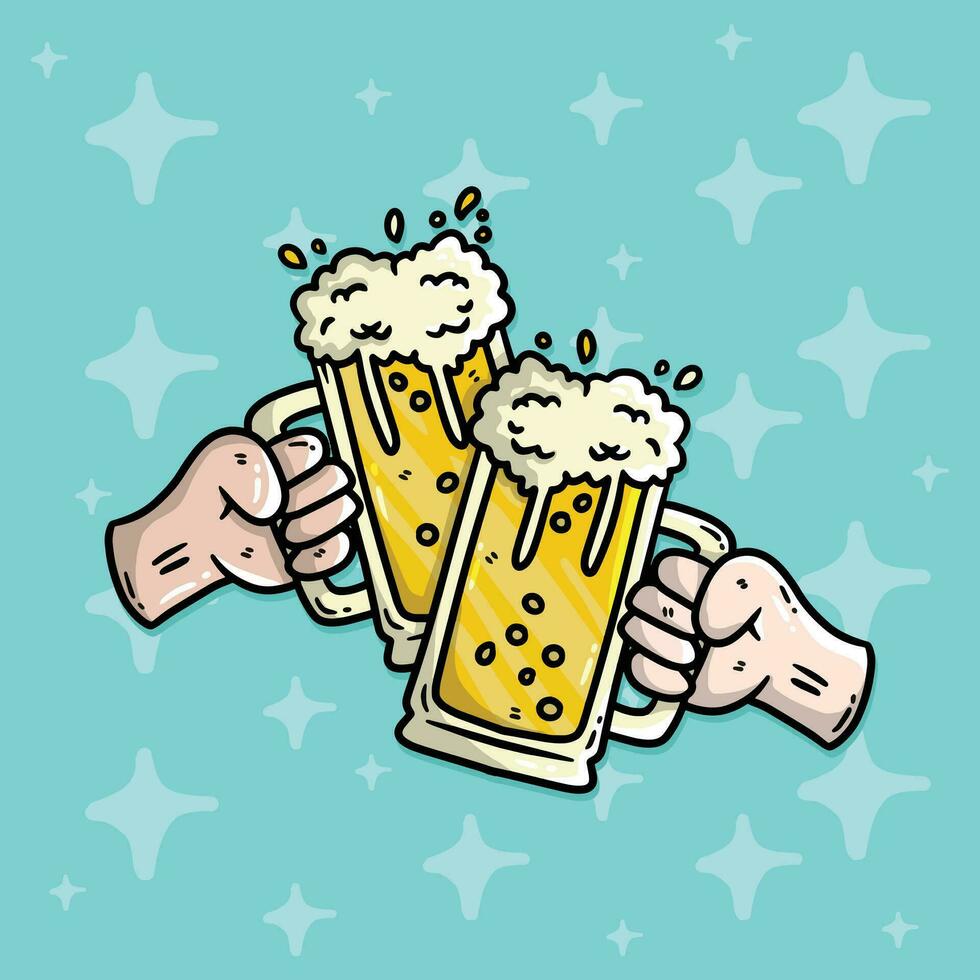 Cartoon vector illustration of beer cheers. New year eve vector illustration