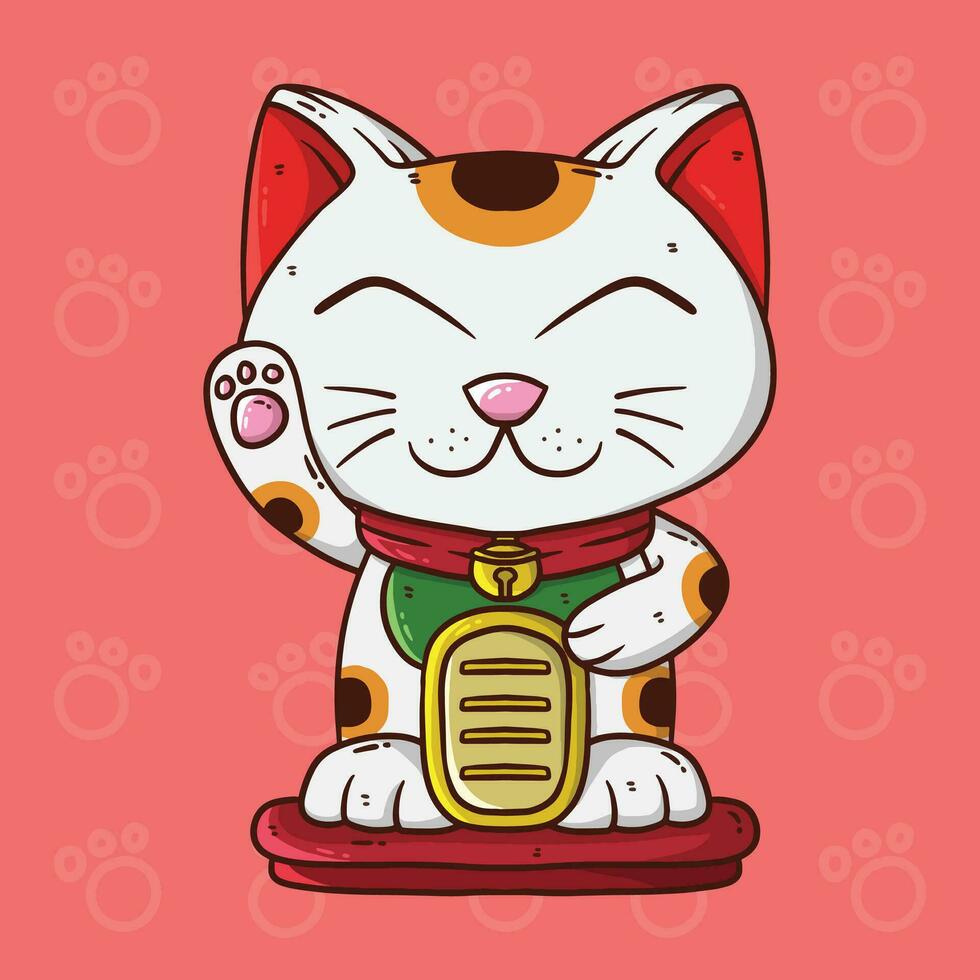 Cute Cartoon vector illustration of maneki neko cat. Vector illustration of white cat with a raised paw, holding golden coin,Japanese symbol of good luck, wealth and well-being.