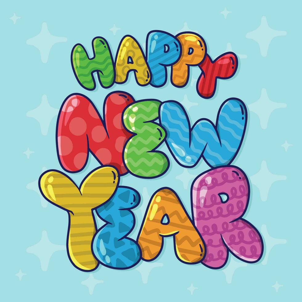 Cute Cartoon vector illustration of Happy New Year text. New year's eve vector illustration.