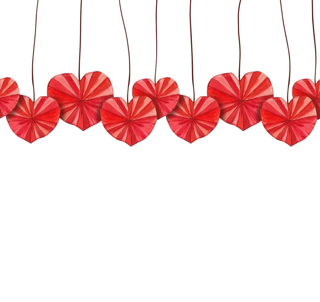 Seamless border with red paper hearts, watercolor vector