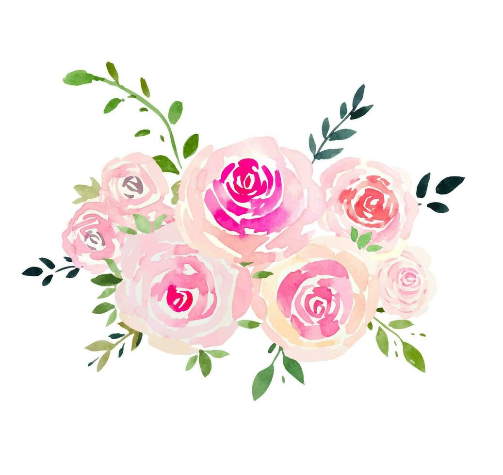 Beautiful bouquet with pink roses, watercolor card vector