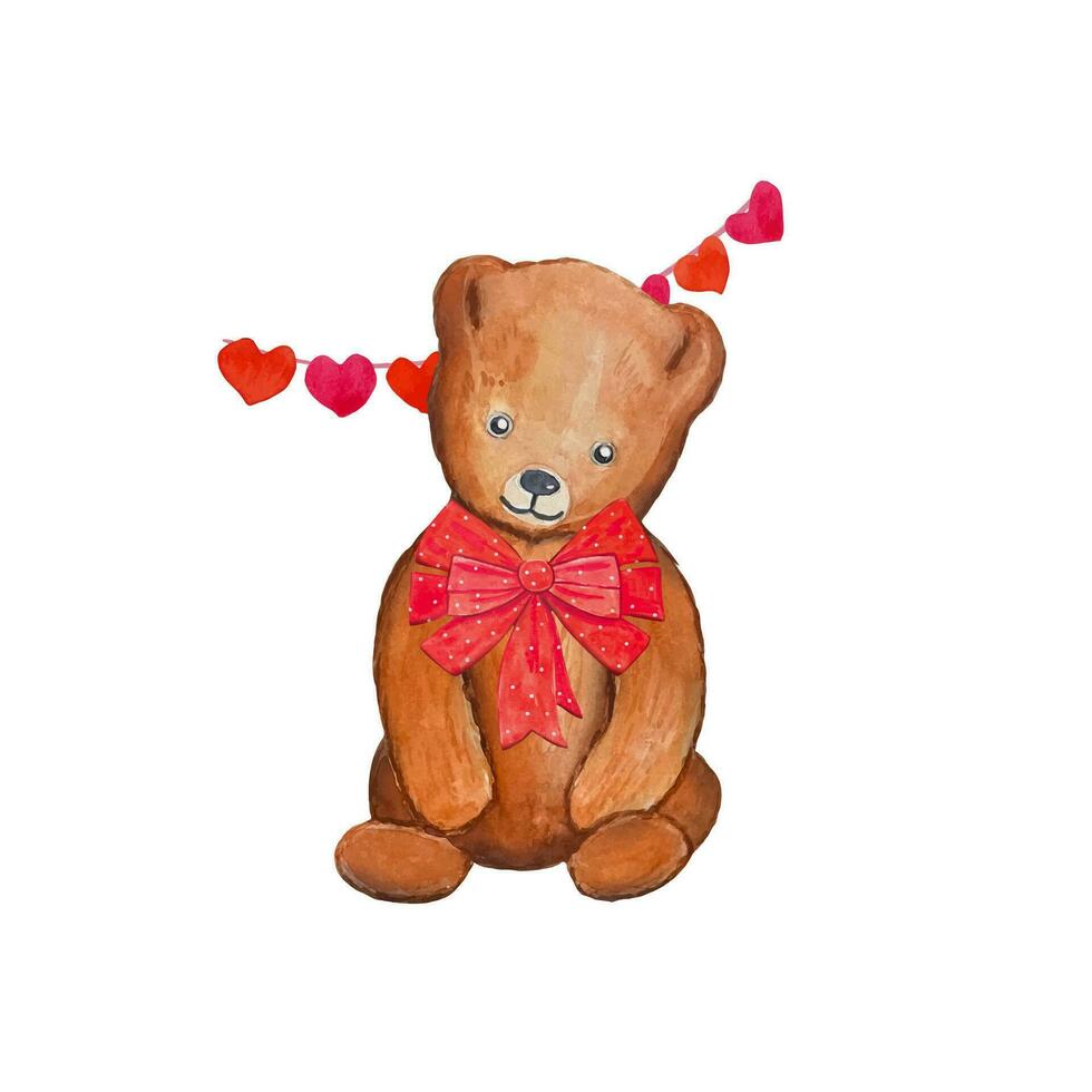 Teddy bear with red bow, watercolor vector