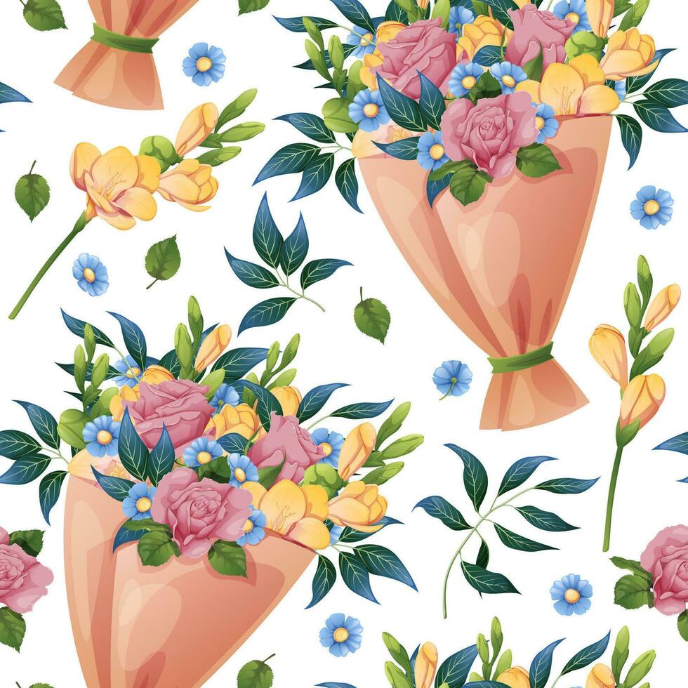 Seamless pattern with bouquet of roses and freesia. Birthday floral background. Festive texture for wrapping paper, cards, fabric, wallpaper. vector