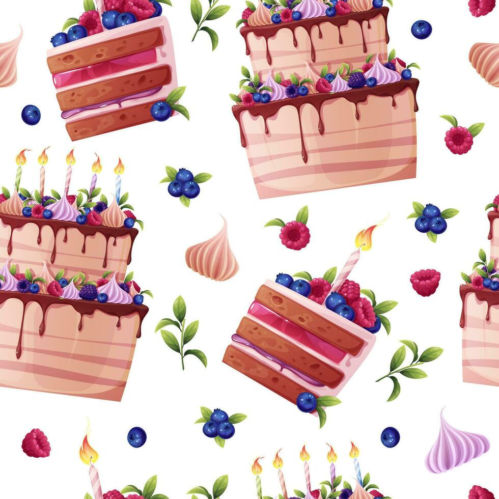 Seamless pattern with a cake decorated with cream, berries, a candle and a sparkler. Background with birthday cake. Festive texture for wrapping paper, cards, fabric, wallpaper. vector