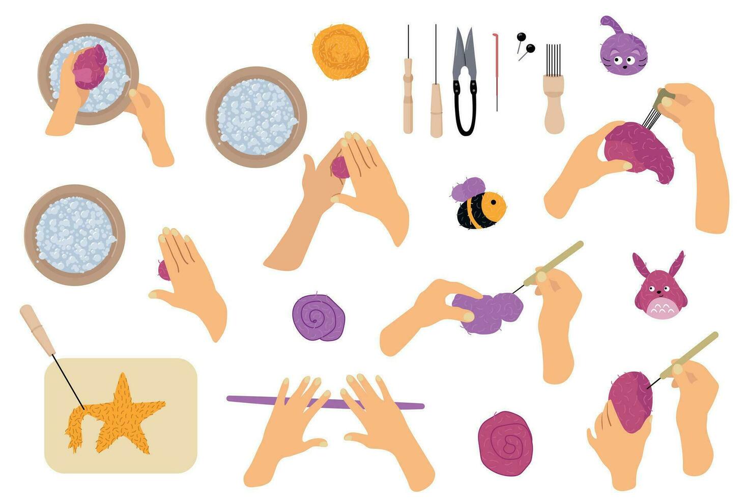 Felting from felt. Stage by stage work. Felting tools. vector