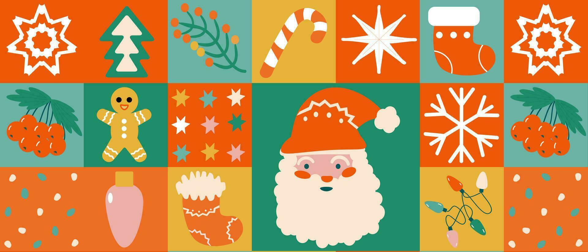 Merry Christmas, Christmas Scandinavian geometric seamless pattern. Christmas characters Santa, tree, garland, sock, decoration, snowflake. Vector illustration.