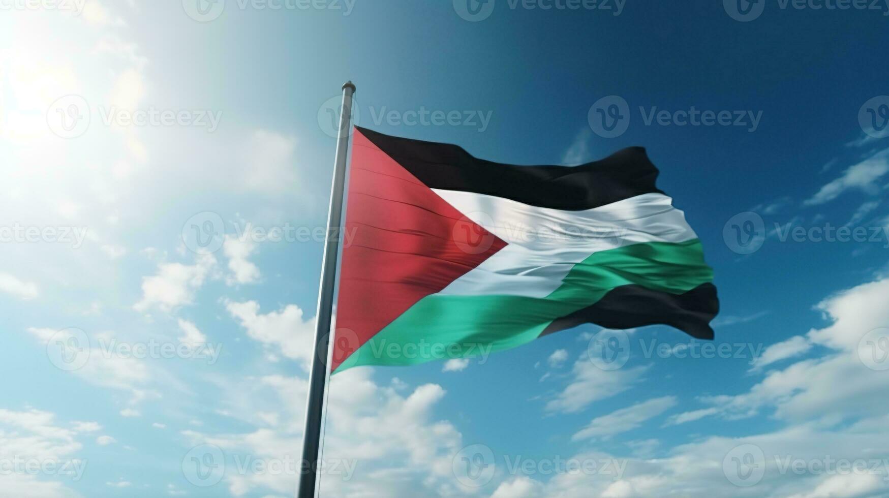 AI generated Palestine Flag Isolated on the Blue Sky with Copy Space photo