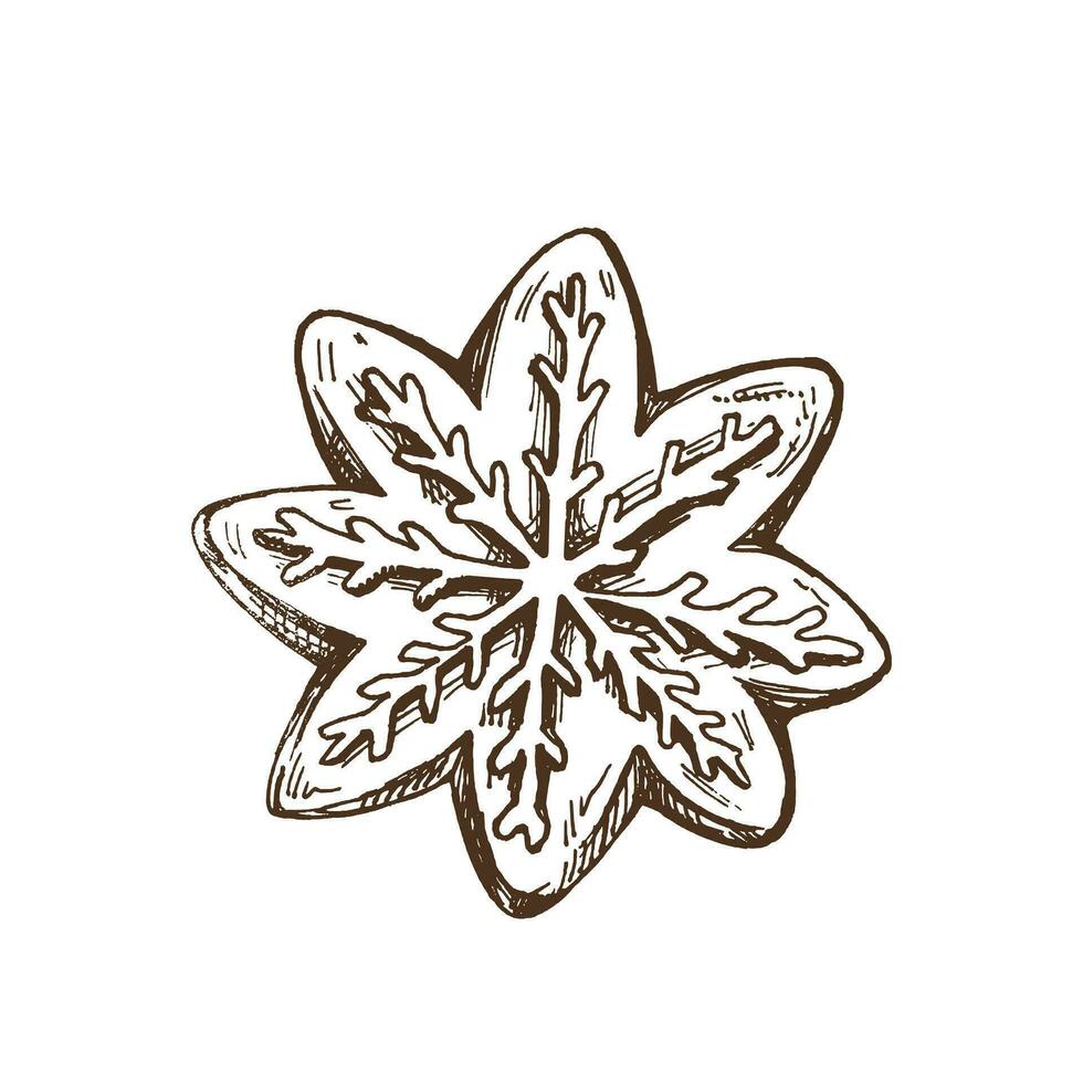 Hand-drawn sketch of christmas gingersnap, traditional ginger cookie in star shape decorated with sugar icing. Winter holiday homemade treat. Vector food drawing. Traditional Christmas dessert.