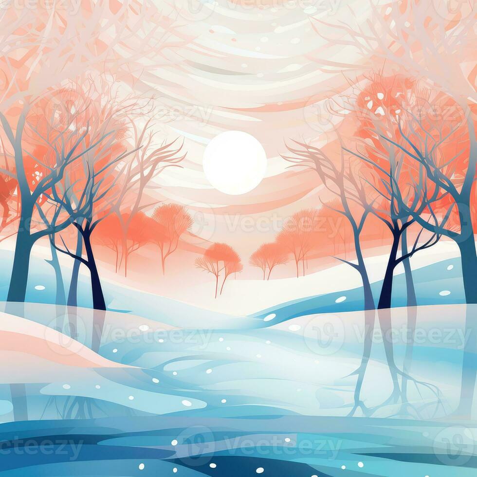 AI generated Winter landscape with trees and snowflakes photo