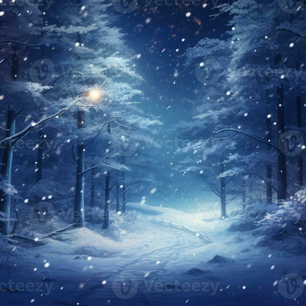 AI generated Winter forest with snow covered trees and road photo