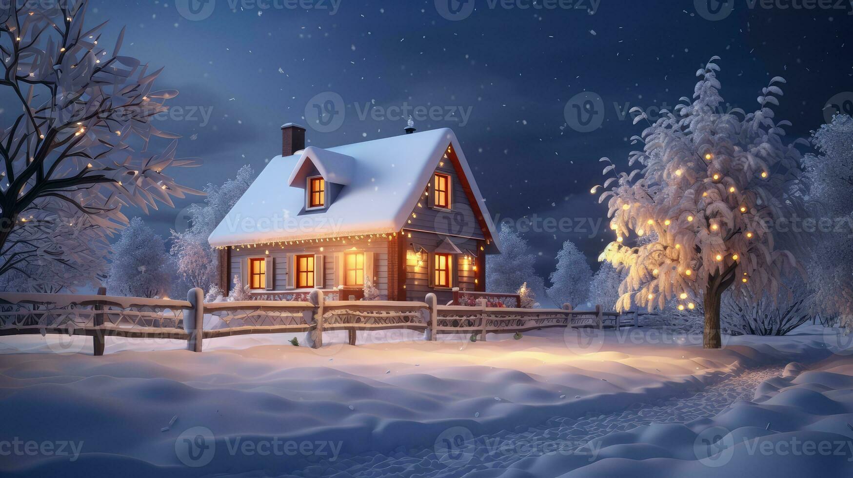 AI generated Wooden house in winter forest at night photo