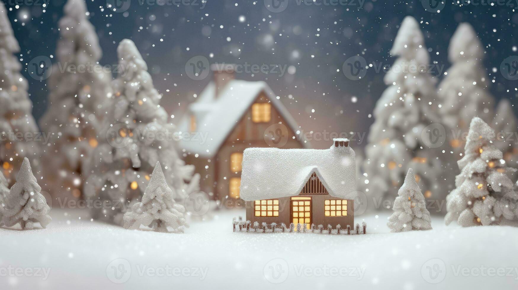 AI generated Wooden house in winter forest at night photo