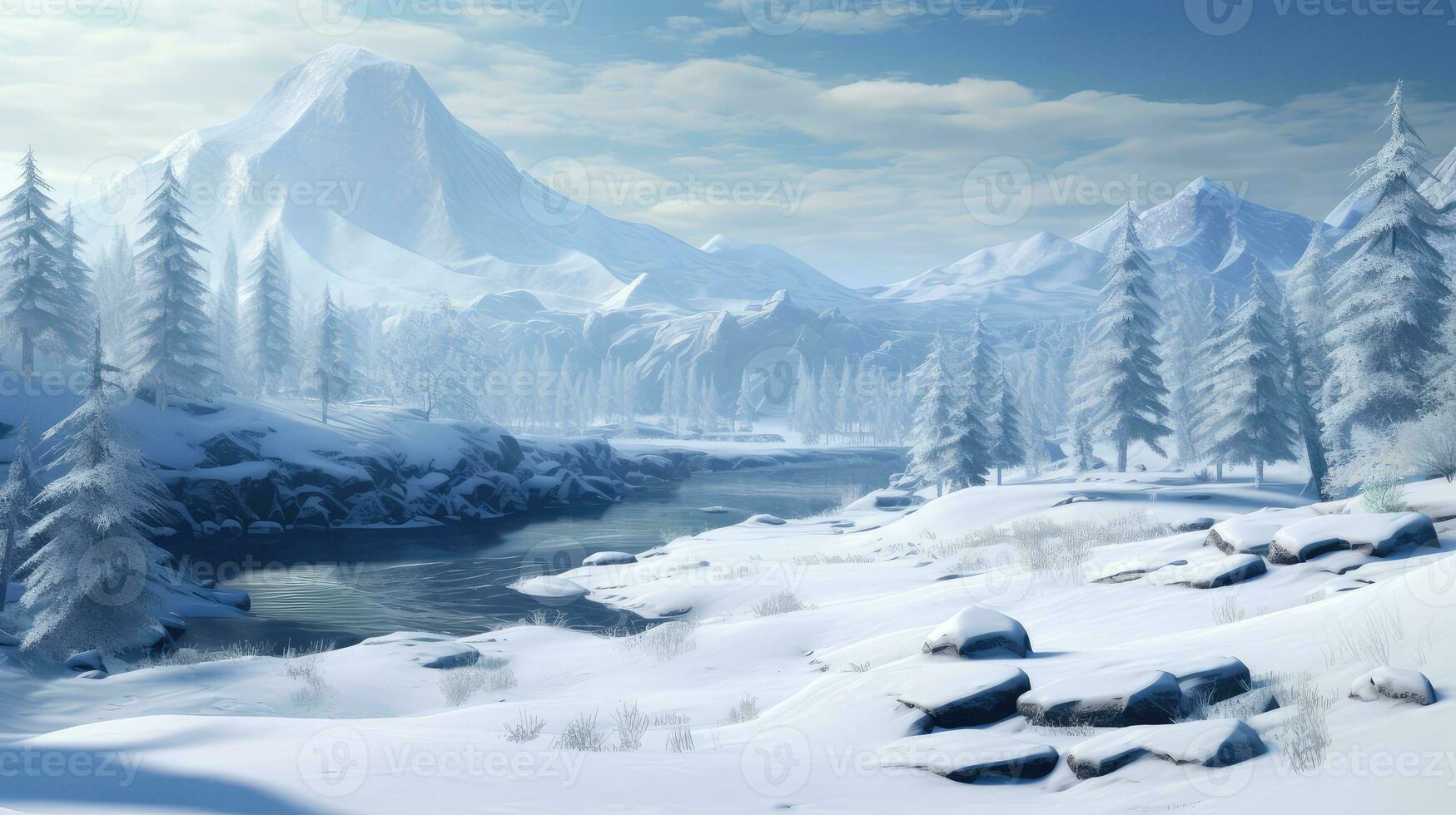 AI generated Winter landscape with fir trees and snowfall photo