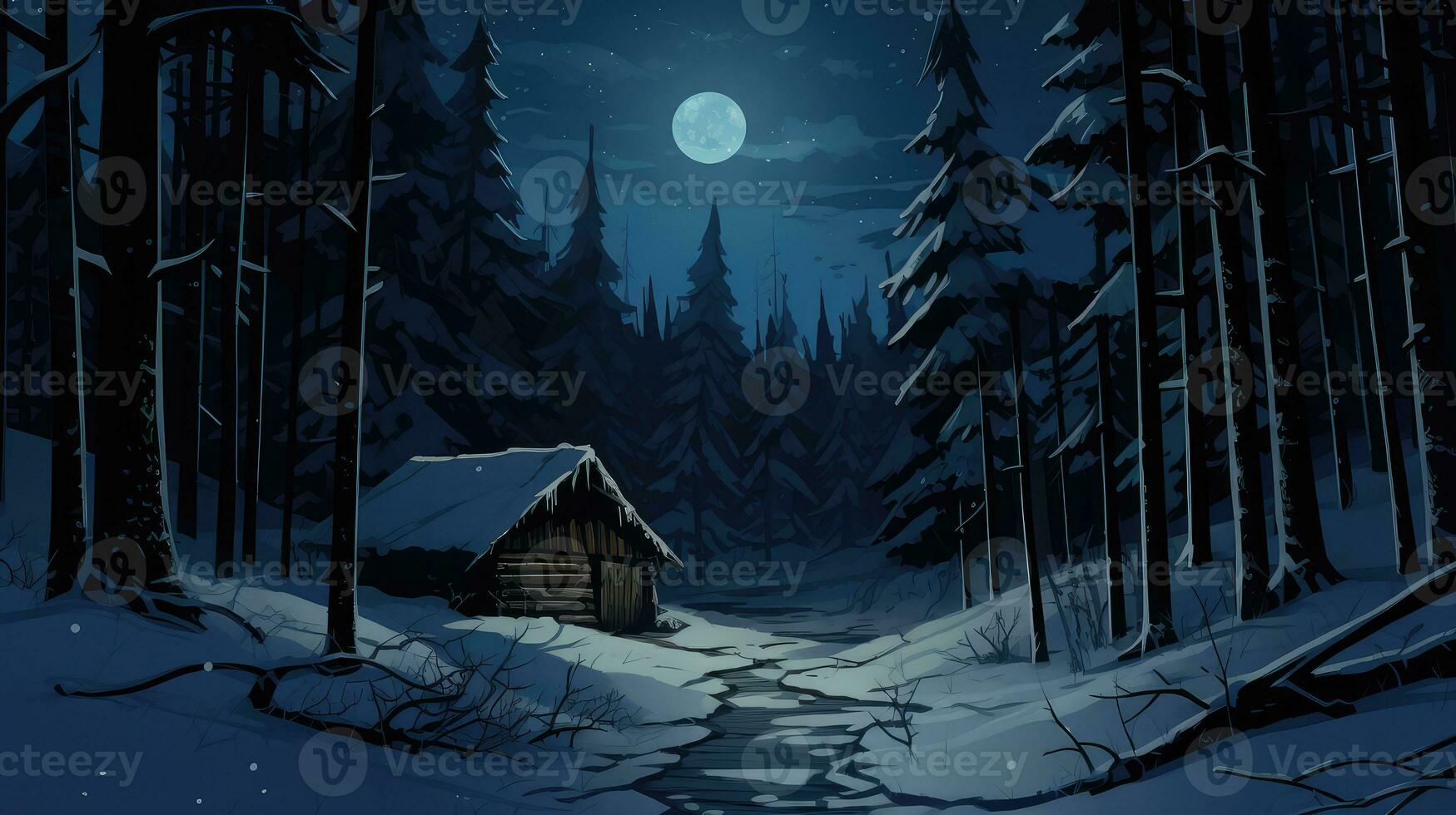 Wooden house in winter forest at night photo