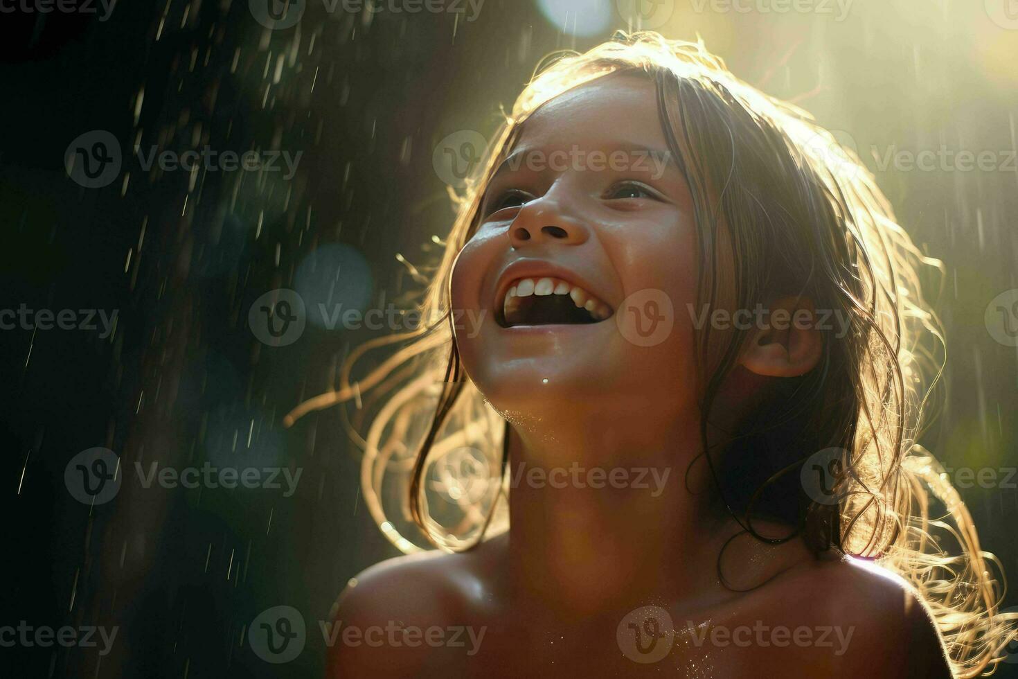 AI generated Small girl laughing in the rain photo