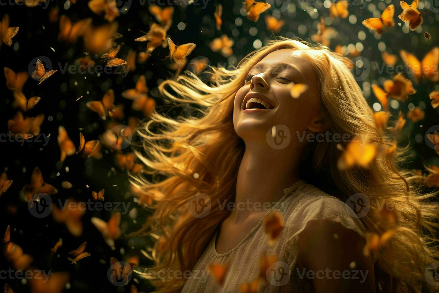 AI generated Happy girl with lots of butterfly surround. photo