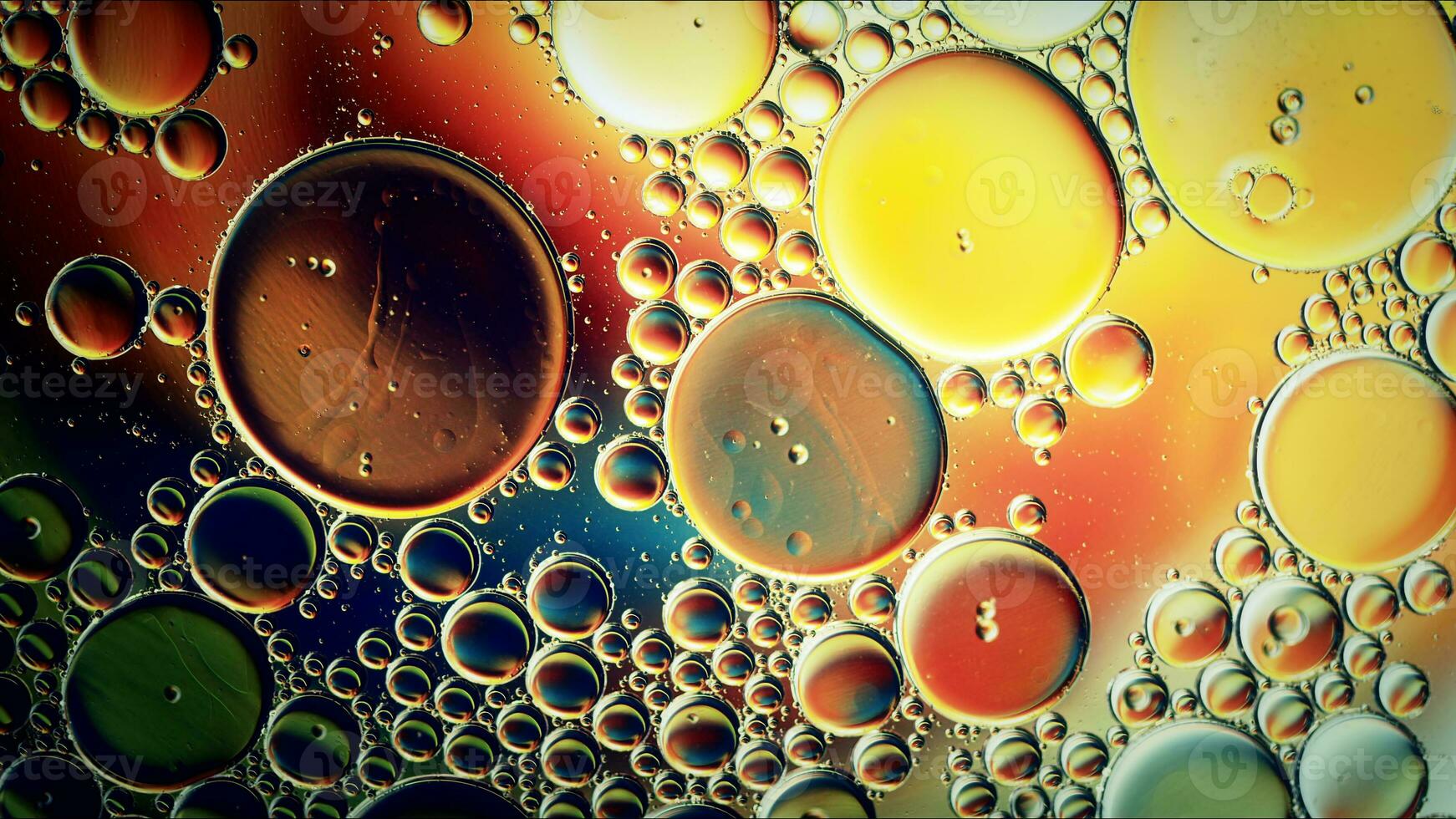 Abstract Colorful Food Oil Drops Bubbles and spheres Flowing on Water Surface photo