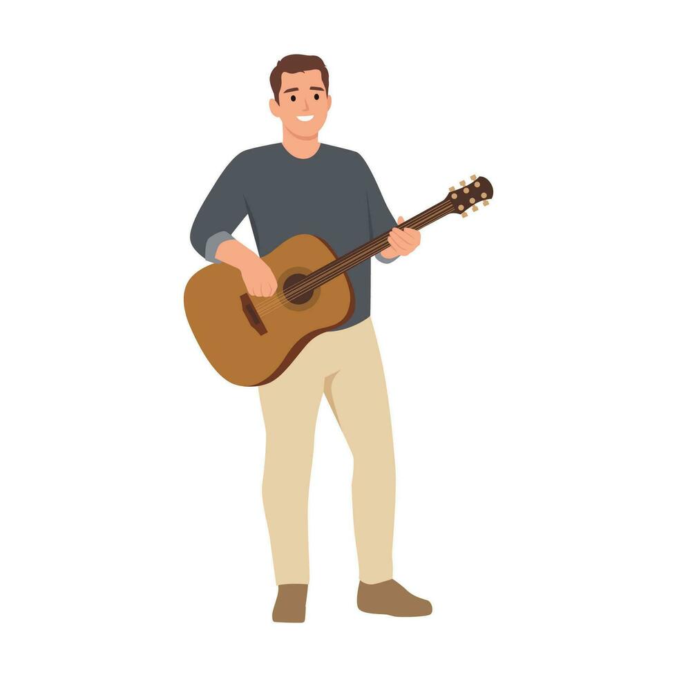 Standing man holding and playing acoustic guitar. vector