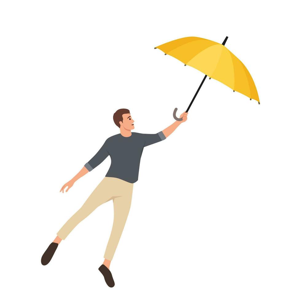 Windy day and man flies with umbrella. Man with an umbrella gone with the wind. vector