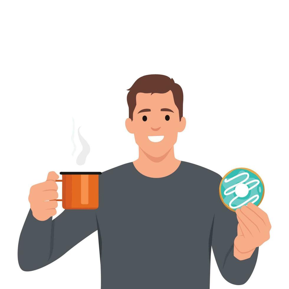 Man with cup of coffee and donut. Snack time, tea break, warm drink. vector