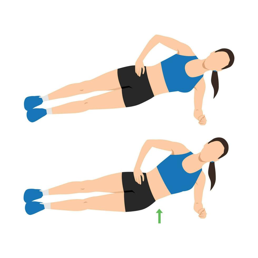 Woman doing side plank hip raises exercise. vector