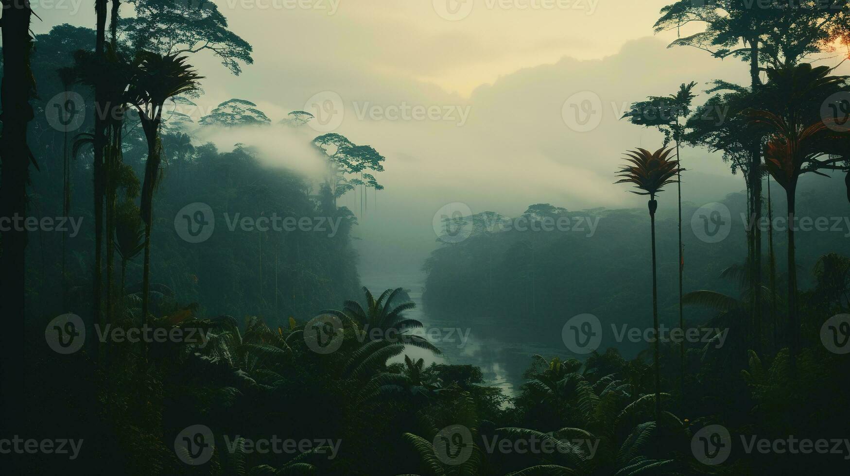 AI generated Generative AI, Amazonian jungle foggy landscape, tropical rainforest with palm trees photo