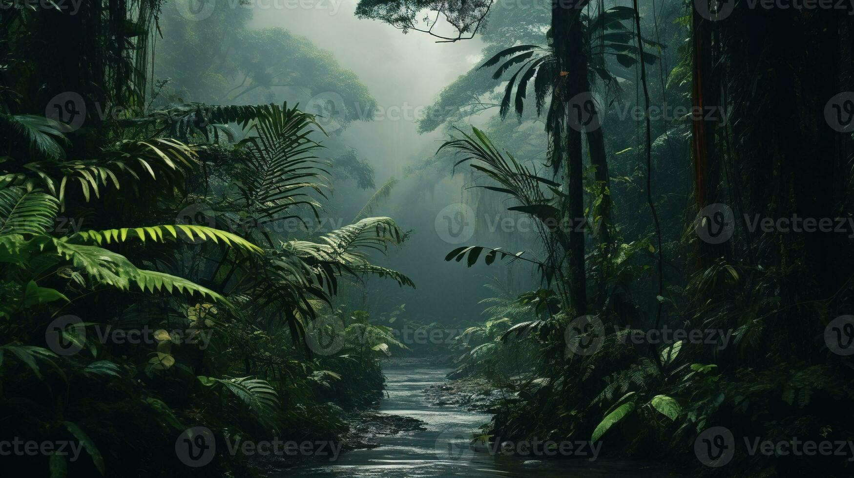 AI generated Generative AI, Amazonian jungle foggy landscape, tropical rainforest with palm trees photo