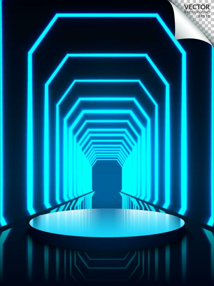 Empty black podium of product display in dark scene with line vertical blue neon light on background. Vector illustration