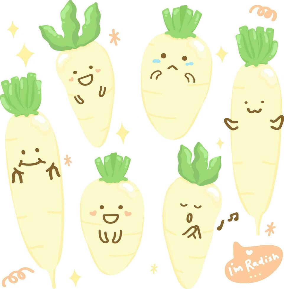 Cute white radish daikon cartoon character vector