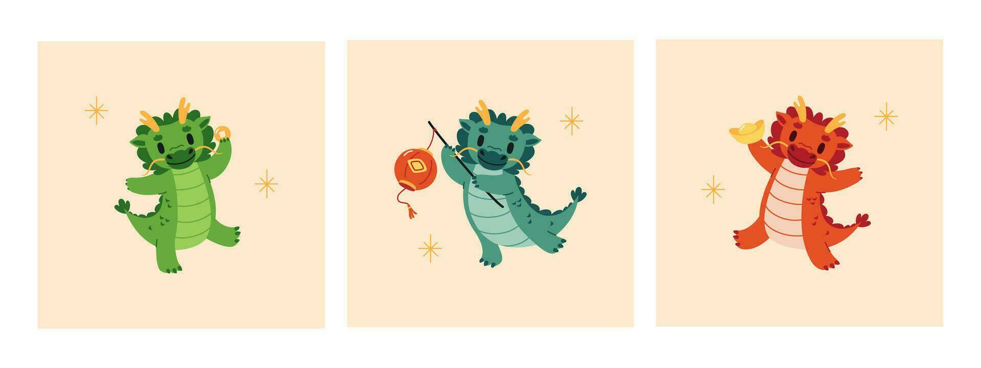 Set of posters with Chinese dragons. Symbol of 2024 new year. Vector flat illustration.