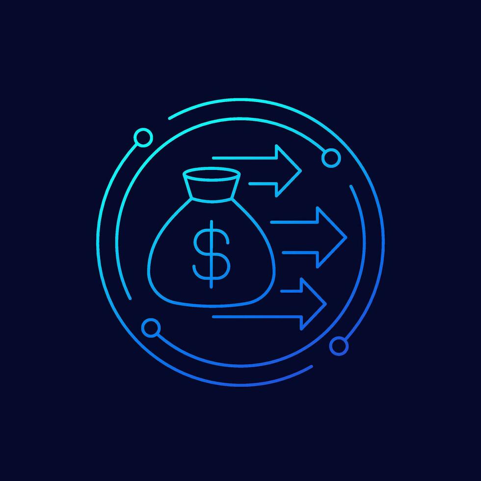 Lump sum payment icon with money bag, linear design vector