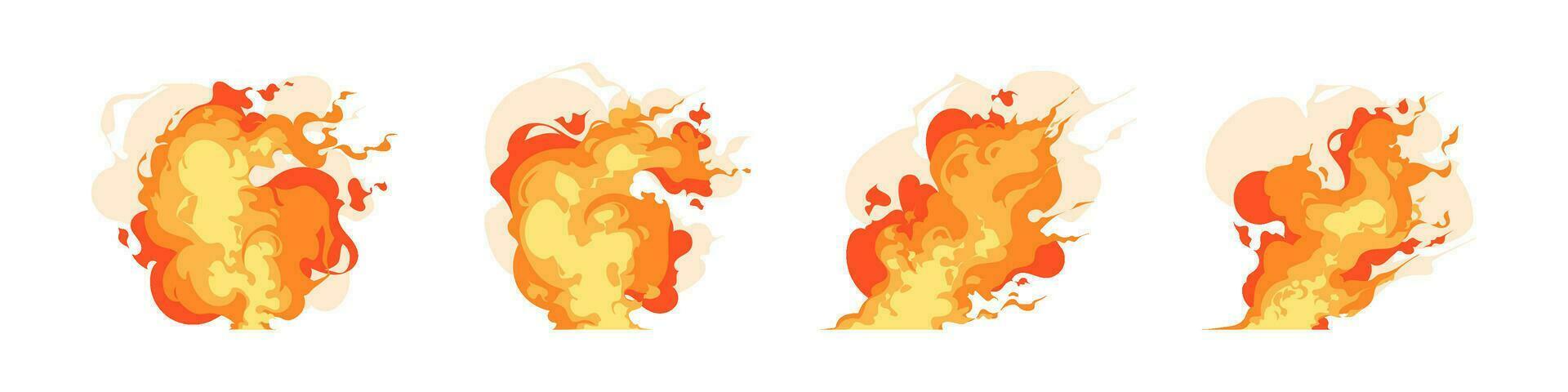 set of burning fire splashes comic game effect, explosion, smoke, blaze, and flame illustration vector